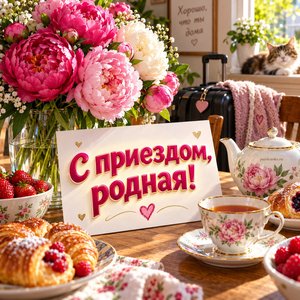 Открытка «С приездом, родная!» с пионами и выпечкой