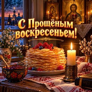 Открытка «С Прощёным воскресеньем!» с блинами и свечой