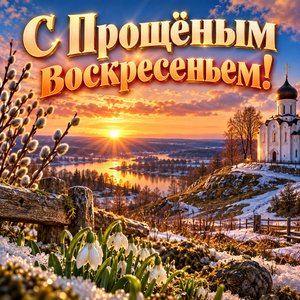 Открытка «С Прощёным воскресеньем!» с храмом на закате