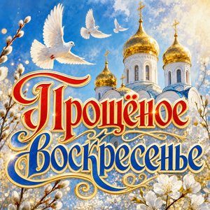 Открытка на Прощёное воскресенье с храмом и голубями