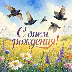 Открытка с птицами на День Рождения