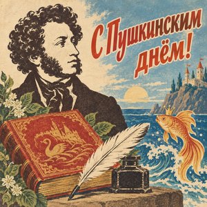 Открытка «С Пушкинским днём!» с Пушкиным и золотой рыбкой