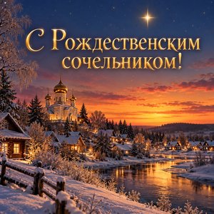 Открытка «С Рождественским сочельником!» с первой звездой над деревней