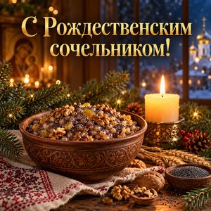 Открытка «С Рождественским сочельником!» с сочивом и свечой