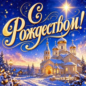 Открытка к Рождеству Христову со снежным храмом