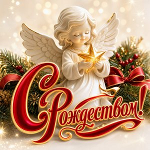 Открытка к Рождеству Христову с ангелом и звездой