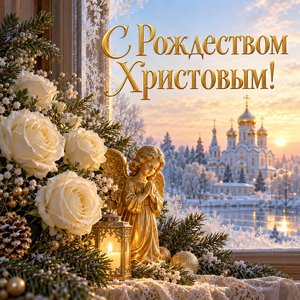 Открытка «С Рождеством Христовым!» с белыми розами и ангелом