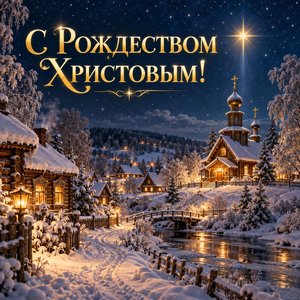 Открытка «С Рождеством Христовым!» с деревенской церковью под звездой