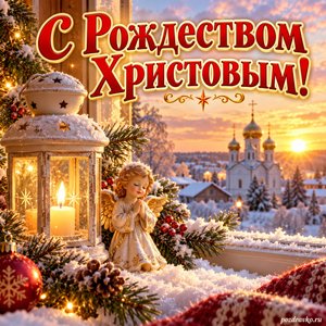 Открытка «С Рождеством Христовым!» с фонарём и ангелом