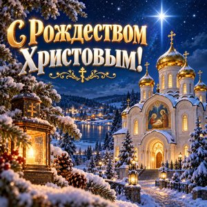 Открытка «С Рождеством Христовым!» с храмом и Вифлеемской звездой