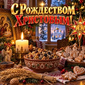 Открытка «С Рождеством Христовым!» с кутьёй и пряниками
