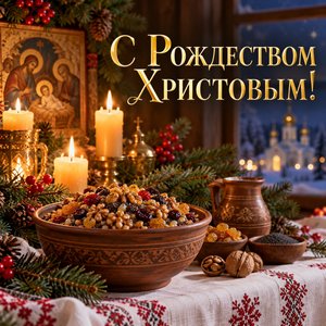 Открытка «С Рождеством Христовым!» с кутьёй и свечами на столе
