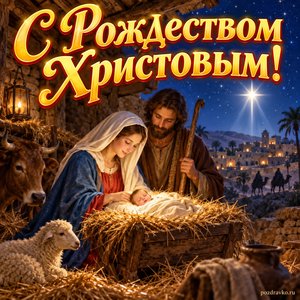 Открытка «С Рождеством Христовым!» с вертепом и звездой