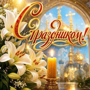 Открытка Рождество Пресвятой Богородицы с белыми лилиями и свечой