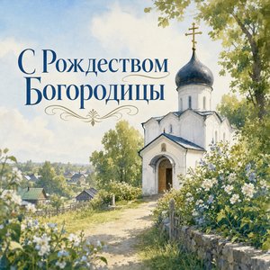 Открытка с Рождеством Пресвятой Богородицы с белым сельским храмом