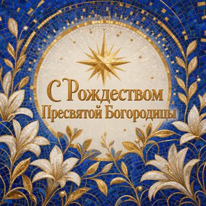 Открытка с Рождеством Пресвятой Богородицы с византийской мозаикой