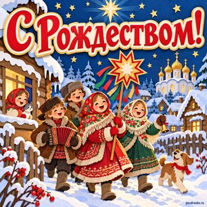 Открытка «С Рождеством!» с колядующими
