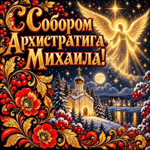 Открытка «С Собором Архистратига Михаила!» с ангелом в звёздном небе