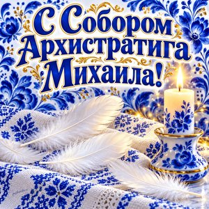 Открытка «С Собором Архистратига Михаила!» с белыми перьями и свечой
