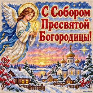 Открытка «С Собором Пресвятой Богородицы!» с ангелом