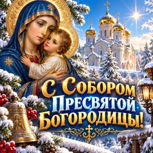 Открытка «С Собором Пресвятой Богородицы!» с образом Богородицы
