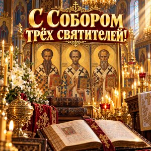 Открытка «С Собором трёх святителей!» со свечами и книгами