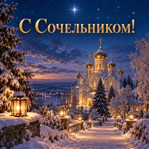 Открытка «С Сочельником!» с храмом в синих сумерках