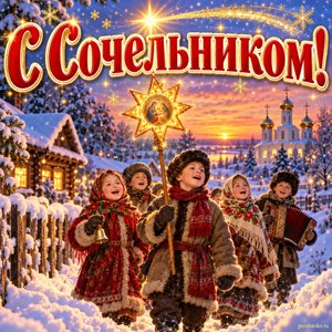 Открытка «С Сочельником!» с колядующими