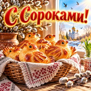 Открытка «С Сороками!» с жаворонками из теста