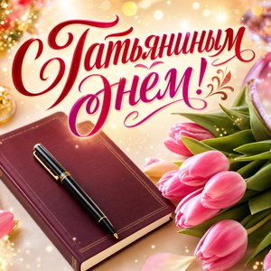 Открытка Татьянин день, День студента с зачётной книжкой и тюльпанами