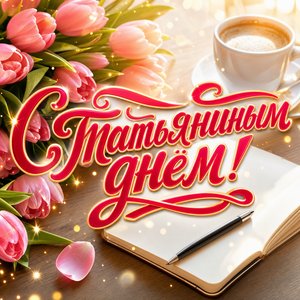 Открытка Татьянин день, День студента с тюльпанами, конспектом и кофе