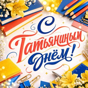 Открытка Татьянин день, День студента с учебниками, карандашами и стикерами