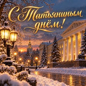Открытка «С Татьяниным днём!» с университетом зимним вечером