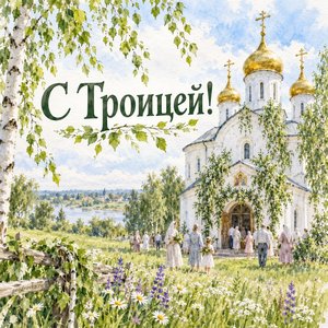 Открытка «С Троицей!» с берёзами у храма