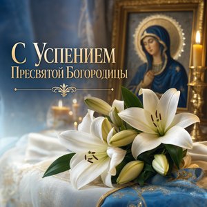 Открытка с Успением Пресвятой Богородицы с белыми лилиями у иконы