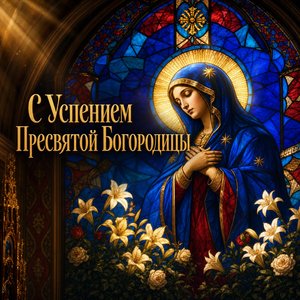 Открытка с Успением Пресвятой Богородицы с церковным витражом