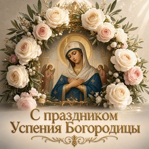Открытка с Успением Пресвятой Богородицы с иконой в цветочной арке