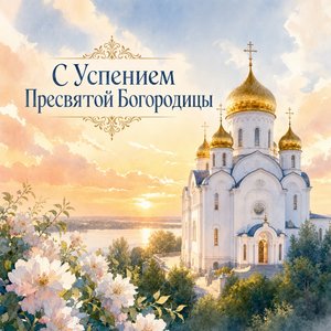 Открытка с Успением Пресвятой Богородицы с православным храмом