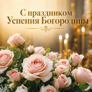 Открытка с Успением Пресвятой Богородицы с розами и свечами