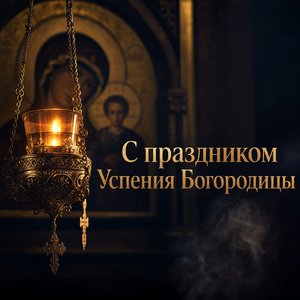 Открытка с Успением Пресвятой Богородицы с золотой лампадой
