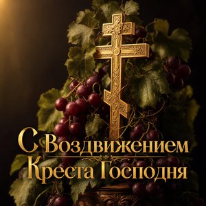 Открытка с Воздвижением Креста Господня с крестом и виноградной лозой