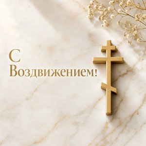 Открытка с Воздвижением Креста Господня с золотым крестом на мраморе