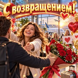 Открытка «С возвращением!» с шарами в аэропорту
