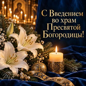 Открытка «С Введением во храм Пресвятой Богородицы!» с белыми лилиями и хвоей