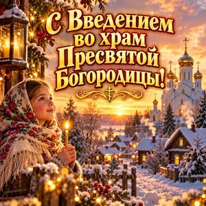 Открытка «С Введением во храм Пресвятой Богородицы!» с деревней и храмом