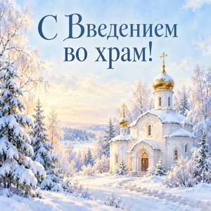 Открытка «С Введением во храм!» с акварельным храмом в зимнем лесу