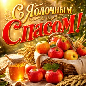 Открытка на Яблочный Спас с корзиной яблок и мёдом