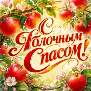 Открытка на Яблочный Спас с акварельной веткой яблони