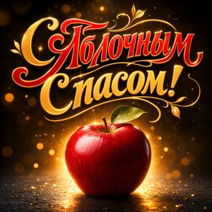 Открытка на Яблочный Спас с красным яблоком