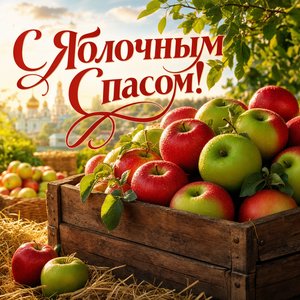 Открытка с Яблочным Спасом с деревянным ящиком яблок